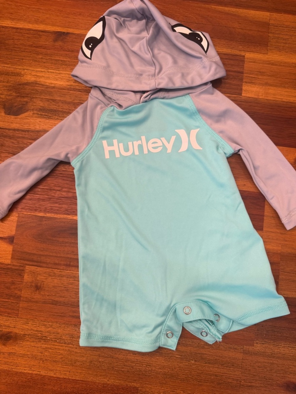 Hurley Newborn Hooded Swim Romper - Aqua & Light Gray